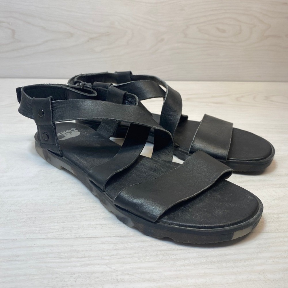 Sorel Womens 9 Ella II Sandal Strappy Black Leather Flat Camo Sole NL5225-011